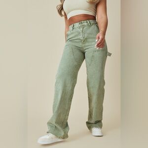 NWT Pretty Little Thing Washed Khaki Seam Detail Panel Straight Leg Jeans